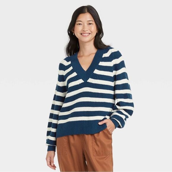 A New Day Women's V-Neck Blue & White Striped
Sweater || size Small - Picture 1 of 7